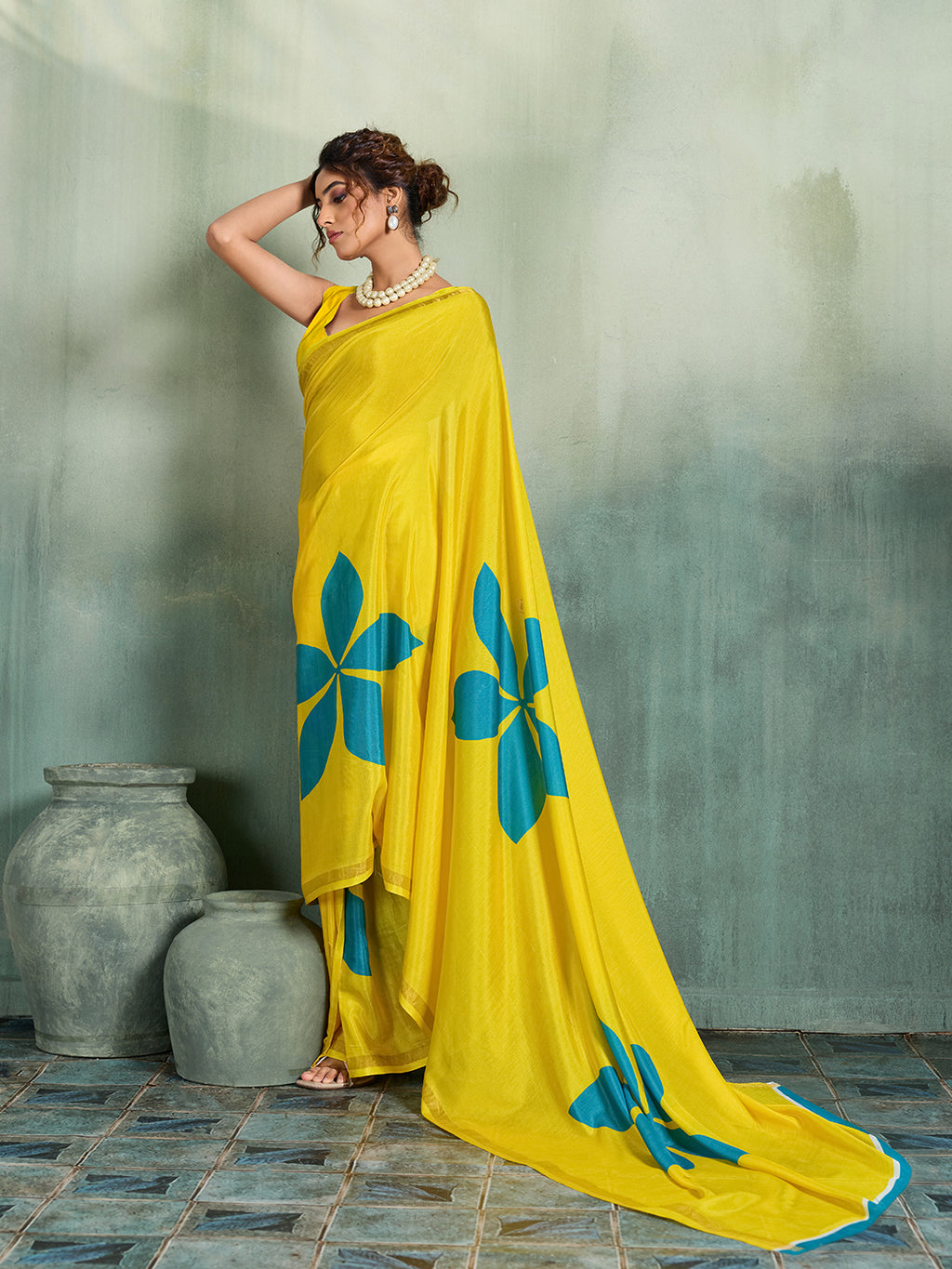 Fabrica Vibe Yellow Handwoven Cotton Saree with Turquoise Floral Motifs