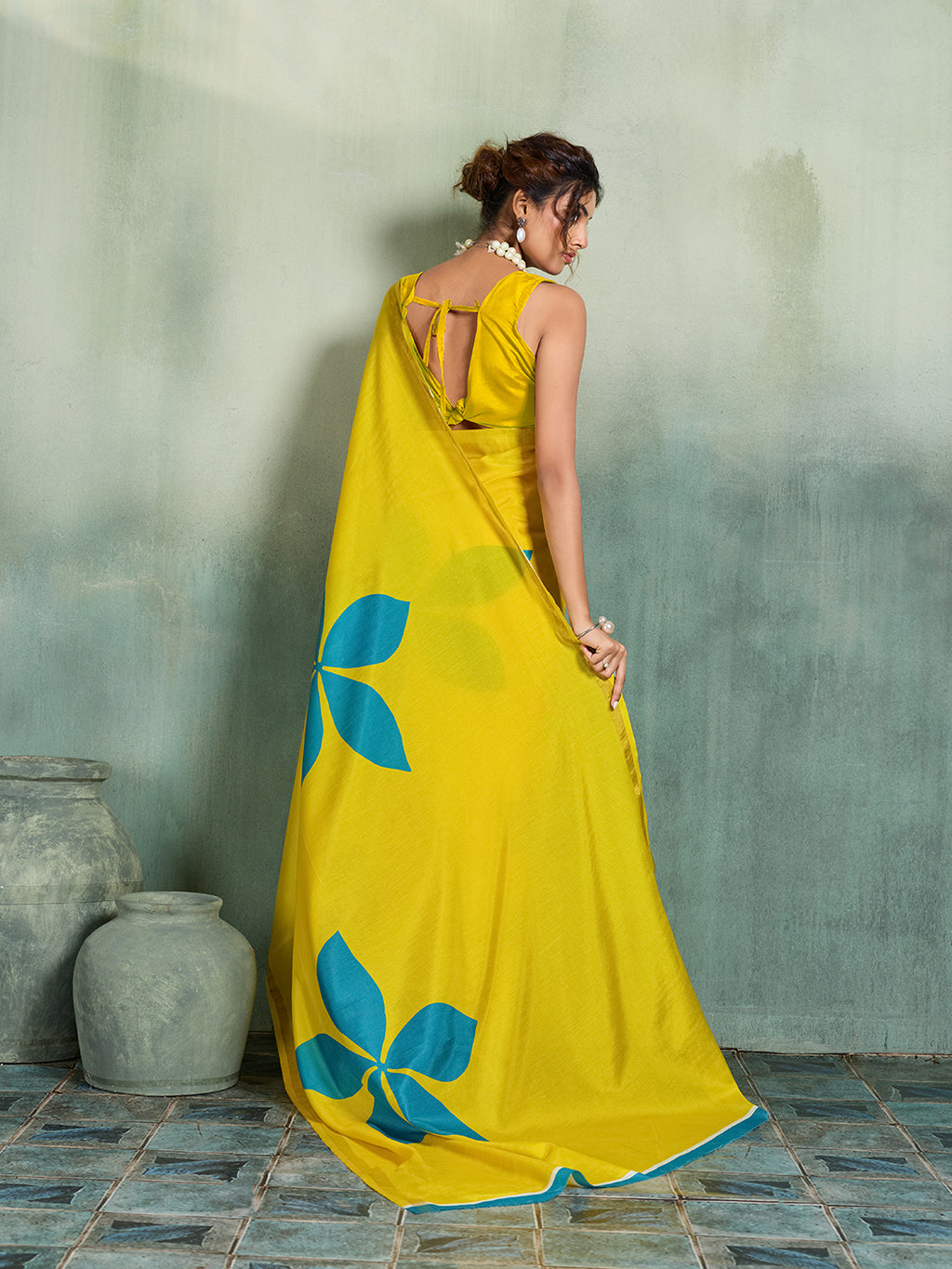 Fabrica Vibe Yellow Handwoven Cotton Saree with Turquoise Floral Motifs