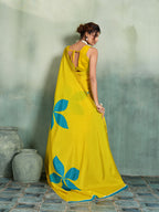 Fabrica Vibe Yellow Handwoven Cotton Saree with Turquoise Floral Motifs