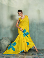 Fabrica Vibe Yellow Handwoven Cotton Saree with Turquoise Floral Motifs