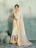 Fabrica Vibe Cream Handwoven Linen Saree with Floral & Bird Motifs