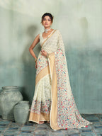 Fabrica Vibe Cream Handwoven Linen Saree with Floral & Bird Motifs