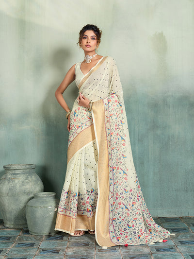 Fabrica Vibe Cream Handwoven Linen Saree with Floral & Bird Motifs