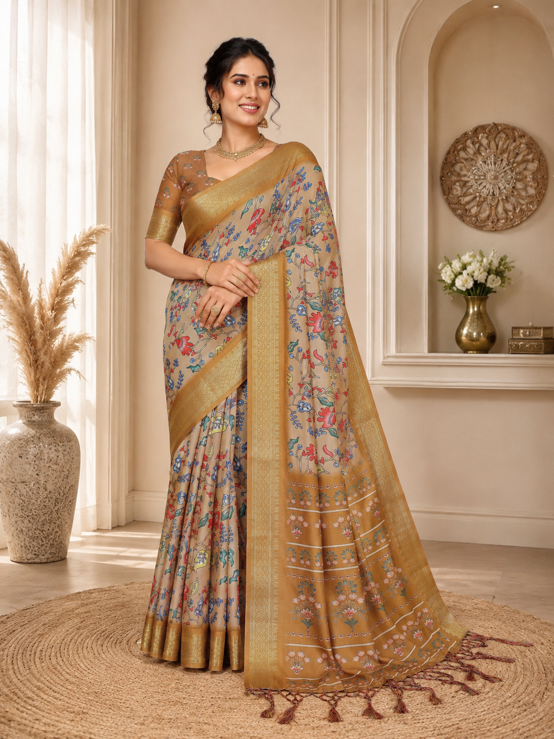 Fabrica Vibe Women's Premium Handwoven Cotton Floral Woven Design Saree with Unstitched Blouse | Traditional Bengal Handloom | Festive Wear