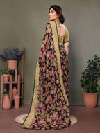 Fabrica Vibe Beige & Black Floral Printed Chiffon Saree with Unstitched Blouse Piece