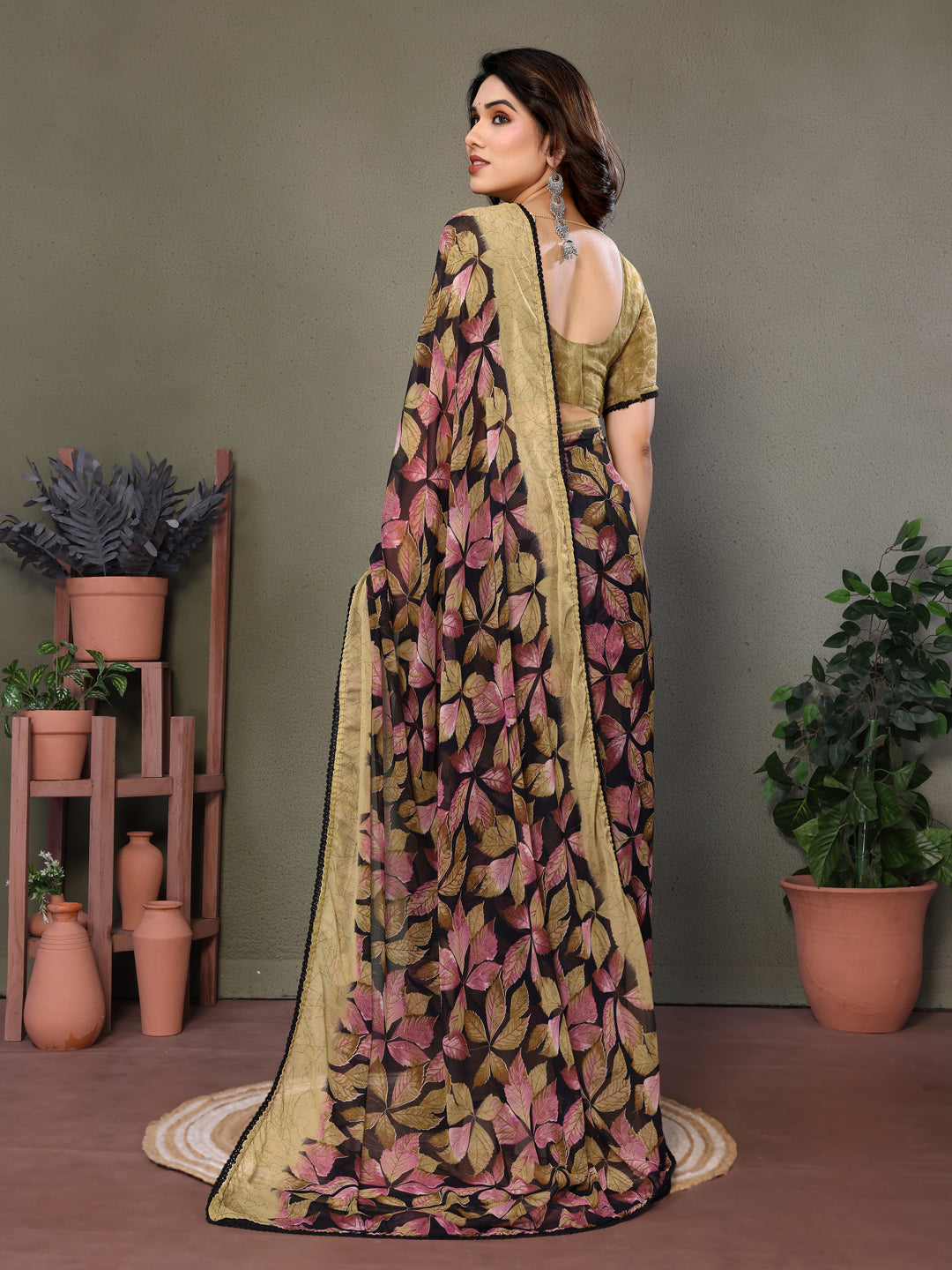 Fabrica Vibe Beige & Black Floral Printed Chiffon Saree with Unstitched Blouse Piece