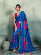 Fabrica Vibe Royal Blue Handwoven Cotton Saree with Magenta Floral Motifs