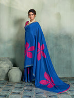 Fabrica Vibe Royal Blue Handwoven Cotton Saree with Magenta Floral Motifs