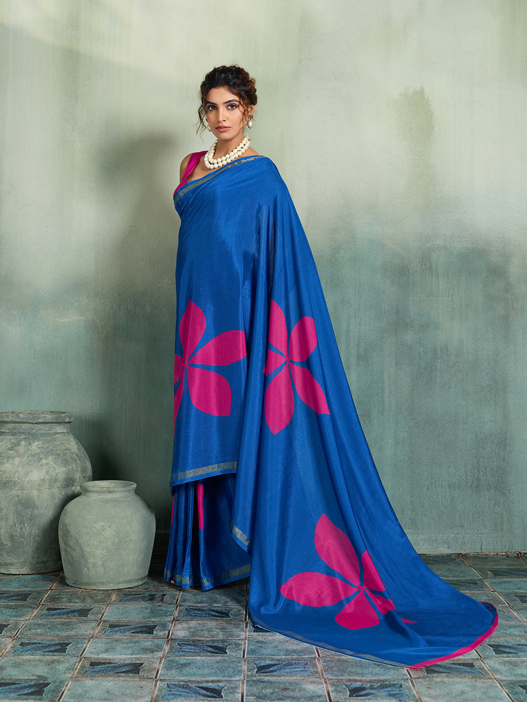 Fabrica Vibe Royal Blue Handwoven Cotton Saree with Magenta Floral Motifs