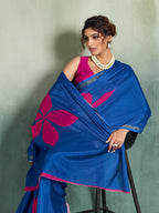 Fabrica Vibe Royal Blue Handwoven Cotton Saree with Magenta Floral Motifs