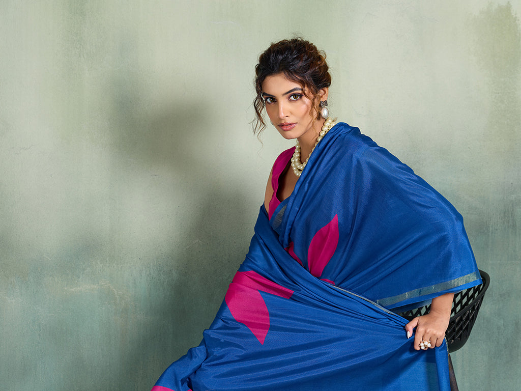 Fabrica Vibe Royal Blue Handwoven Cotton Saree with Magenta Floral Motifs