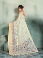 Fabrica Vibe Cream Handwoven Linen Saree with Floral & Bird Motifs
