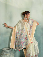 Fabrica Vibe Cream Handwoven Linen Saree with Floral & Bird Motifs