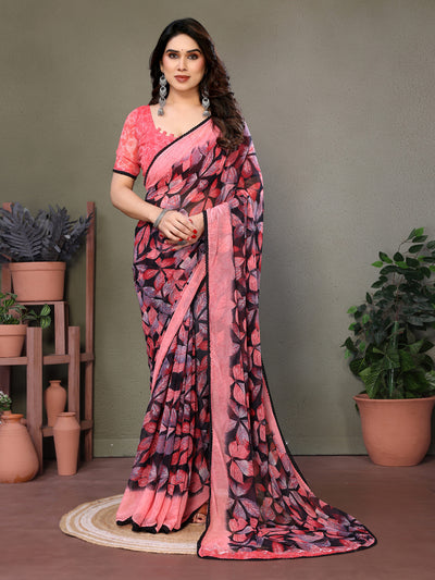 Fabrica Vibe Pink & Black Floral Printed Smooth Chiffon Saree with Unstitched Blouse Piece