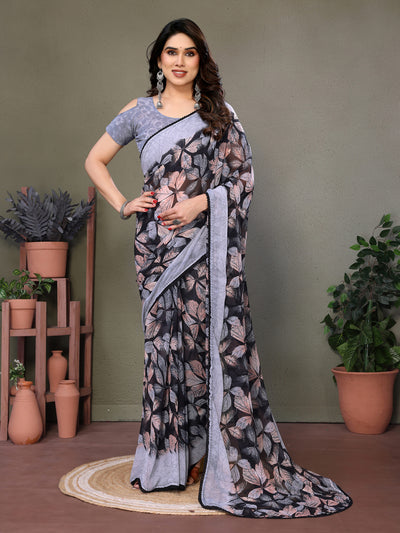 Fabrica Vibe Grey Floral Leaf Printed Georgette Saree with Designer Blouse