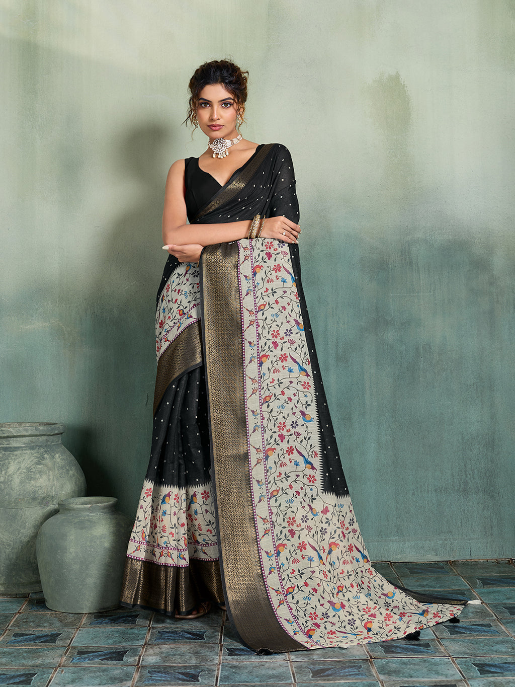 Fabrica Vibe Black & Multicolor Handwoven Linen Saree with Floral & Bird Motifs