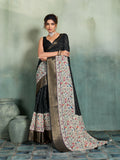 Fabrica Vibe Black & Multicolor Handwoven Linen Saree with Floral & Bird Motifs