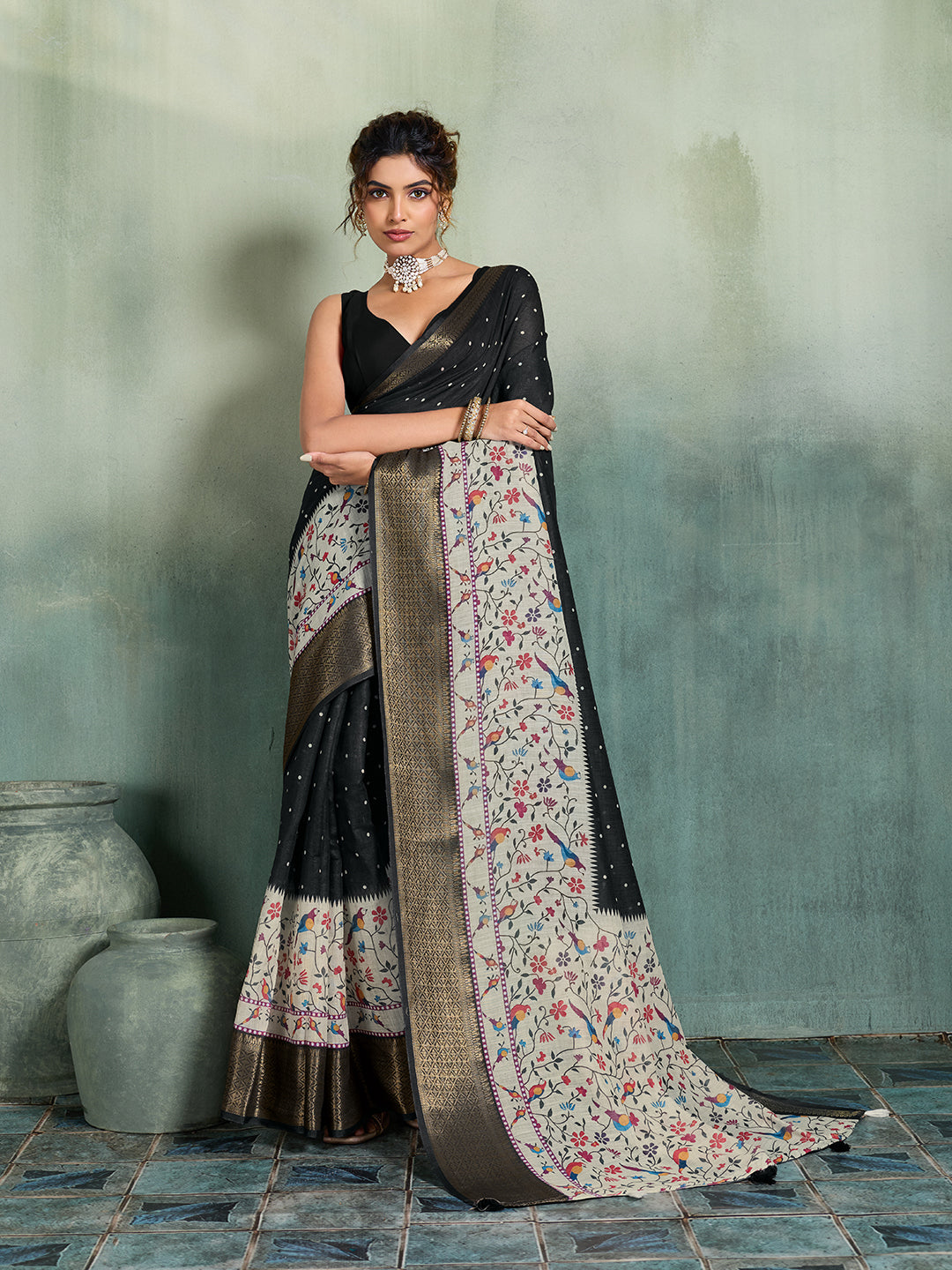 Fabrica Vibe Black & Multicolor Handwoven Linen Saree with Floral & Bird Motifs