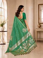 Fabrica Vibe Sea Green Banarasi Inspired Art Silk Saree with Gold Zari Floral & Swan Motifs