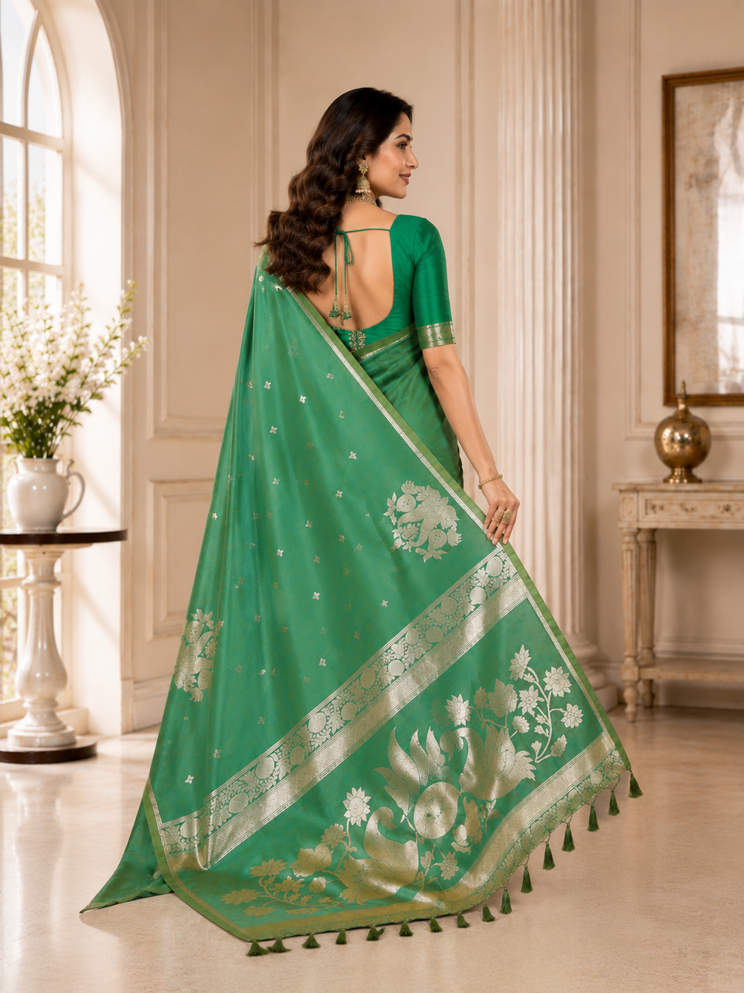 Fabrica Vibe Sea Green Banarasi Inspired Art Silk Saree with Gold Zari Floral & Swan Motifs