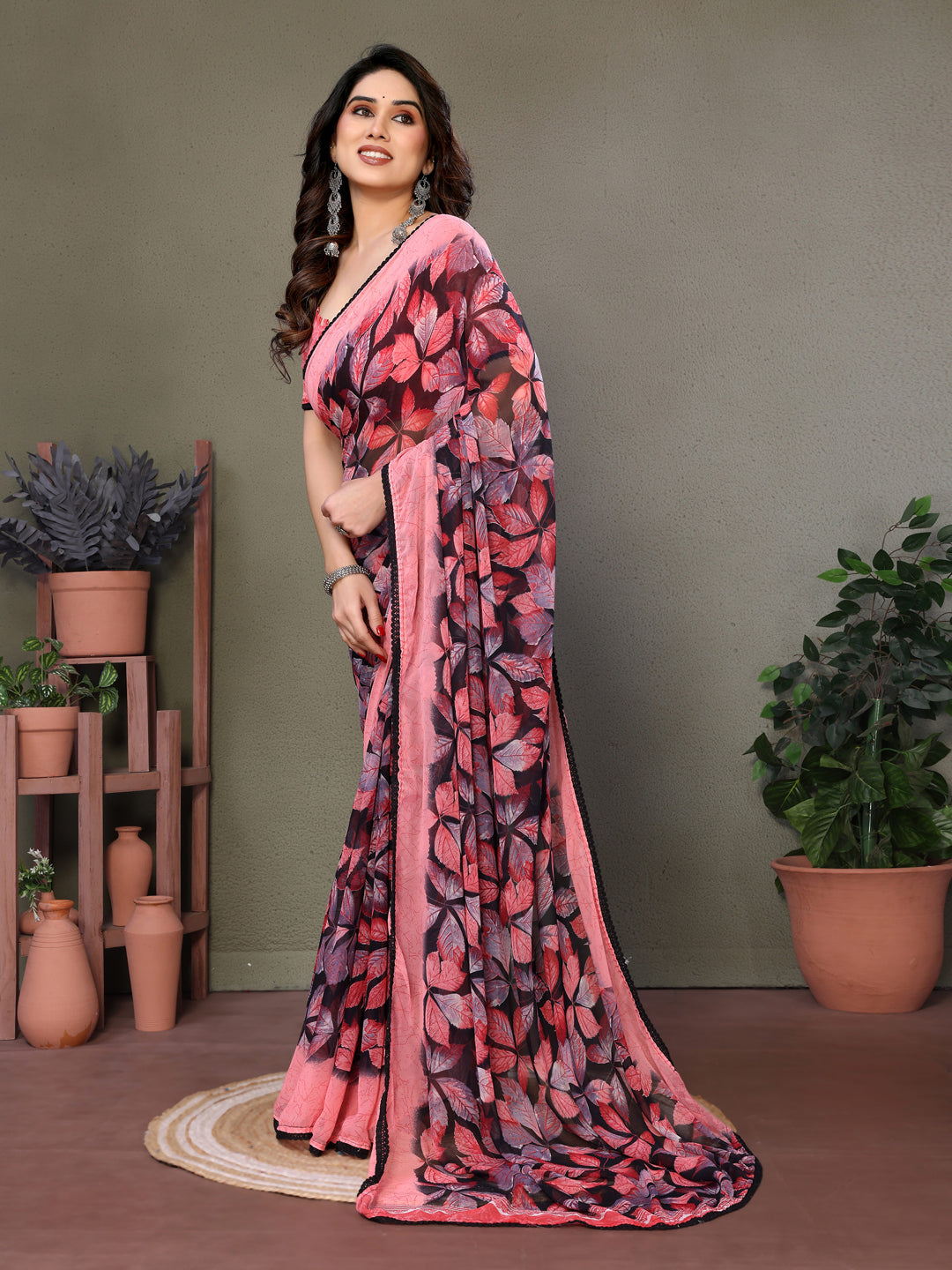 Fabrica Vibe Pink & Black Floral Printed Smooth Chiffon Saree with Unstitched Blouse Piece