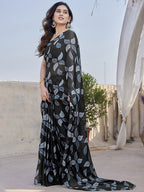 Fabrica Vibe Black Floral Printed Chiffon Saree with Designer Blouse