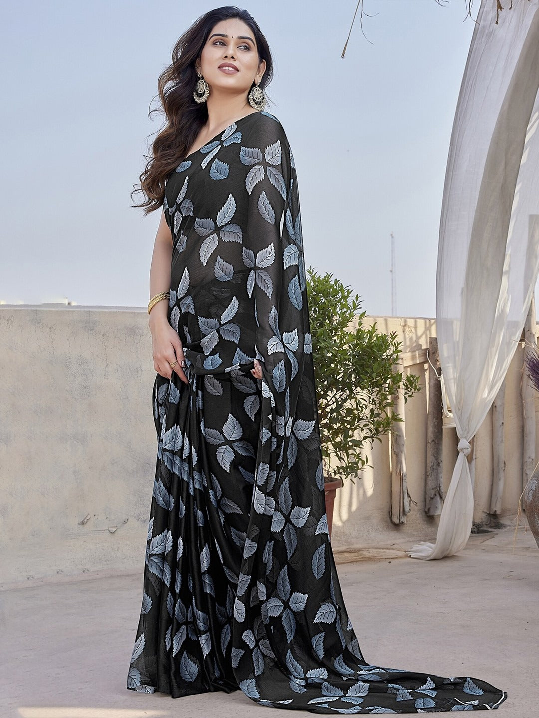 Fabrica Vibe Black Floral Printed Chiffon Saree with Designer Blouse