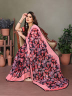 Fabrica Vibe Pink & Black Floral Printed Smooth Chiffon Saree with Unstitched Blouse Piece