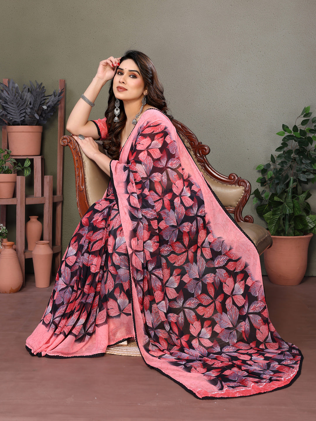 Fabrica Vibe Pink & Black Floral Printed Smooth Chiffon Saree with Unstitched Blouse Piece