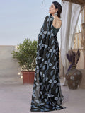 Fabrica Vibe Black Floral Printed Chiffon Saree with Designer Blouse
