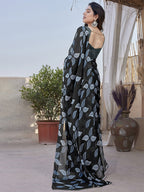 Fabrica Vibe Black Floral Printed Chiffon Saree with Designer Blouse