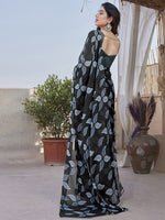 Fabrica Vibe Black Floral Printed Chiffon Saree with Designer Blouse