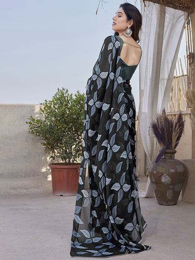 Fabrica Vibe Black Floral Printed Chiffon Saree with Designer Blouse