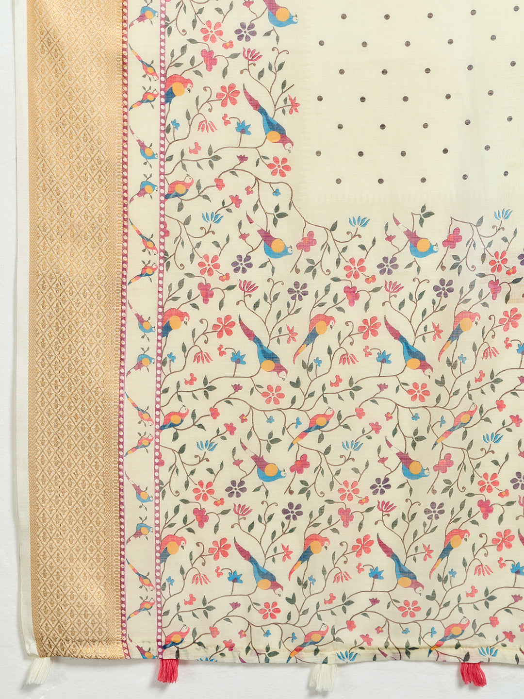 Fabrica Vibe Cream Handwoven Linen Saree with Floral & Bird Motifs