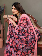 Fabrica Vibe Pink & Black Floral Printed Smooth Chiffon Saree with Unstitched Blouse Piece