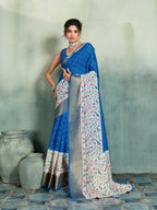 Fabrica Vibe Royal Blue Handwoven Saree with Floral & Bird Motifs