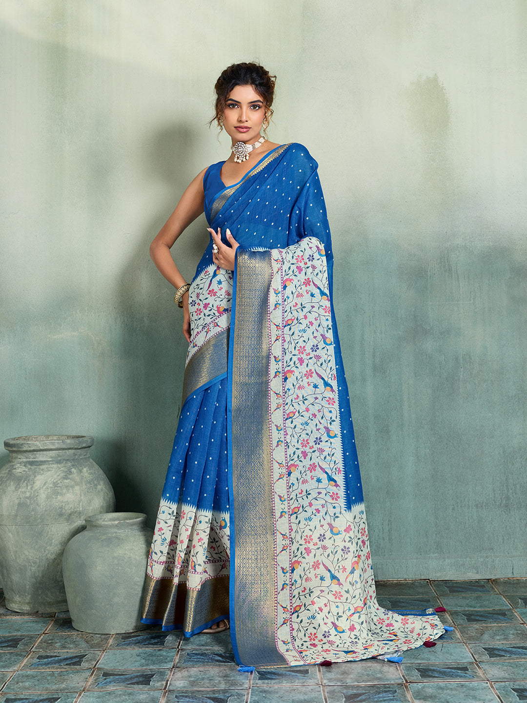 Fabrica Vibe Royal Blue Handwoven Saree with Floral & Bird Motifs
