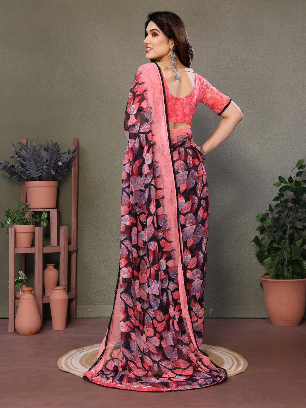 Fabrica Vibe Pink & Black Floral Printed Smooth Chiffon Saree with Unstitched Blouse Piece