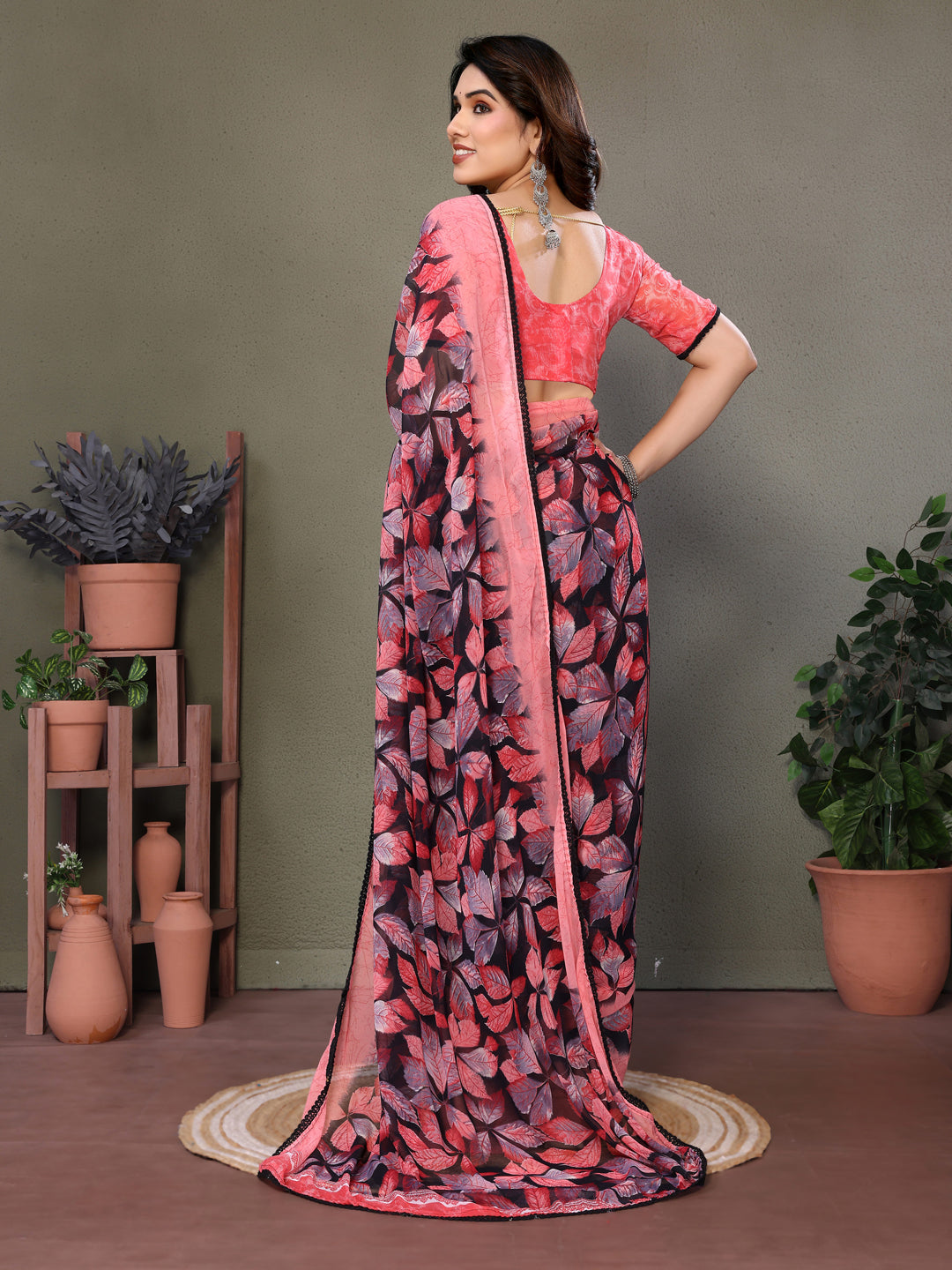 Fabrica Vibe Pink & Black Floral Printed Smooth Chiffon Saree with Unstitched Blouse Piece