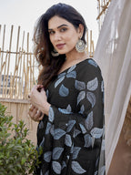 Fabrica Vibe Black Floral Printed Chiffon Saree with Designer Blouse