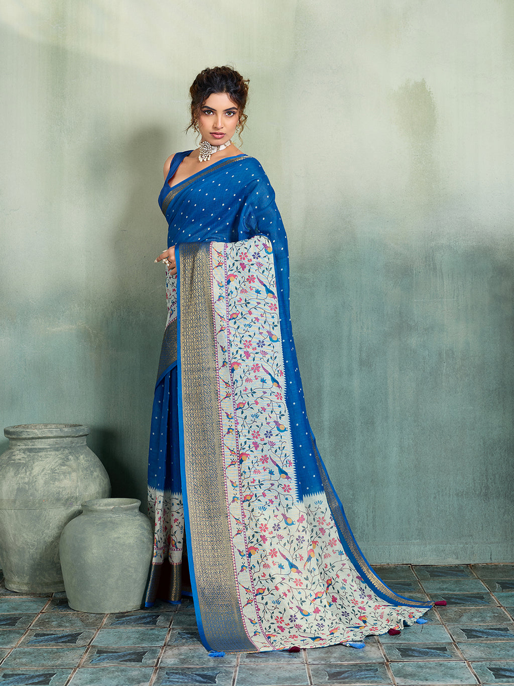 Fabrica Vibe Royal Blue Handwoven Saree with Floral & Bird Motifs
