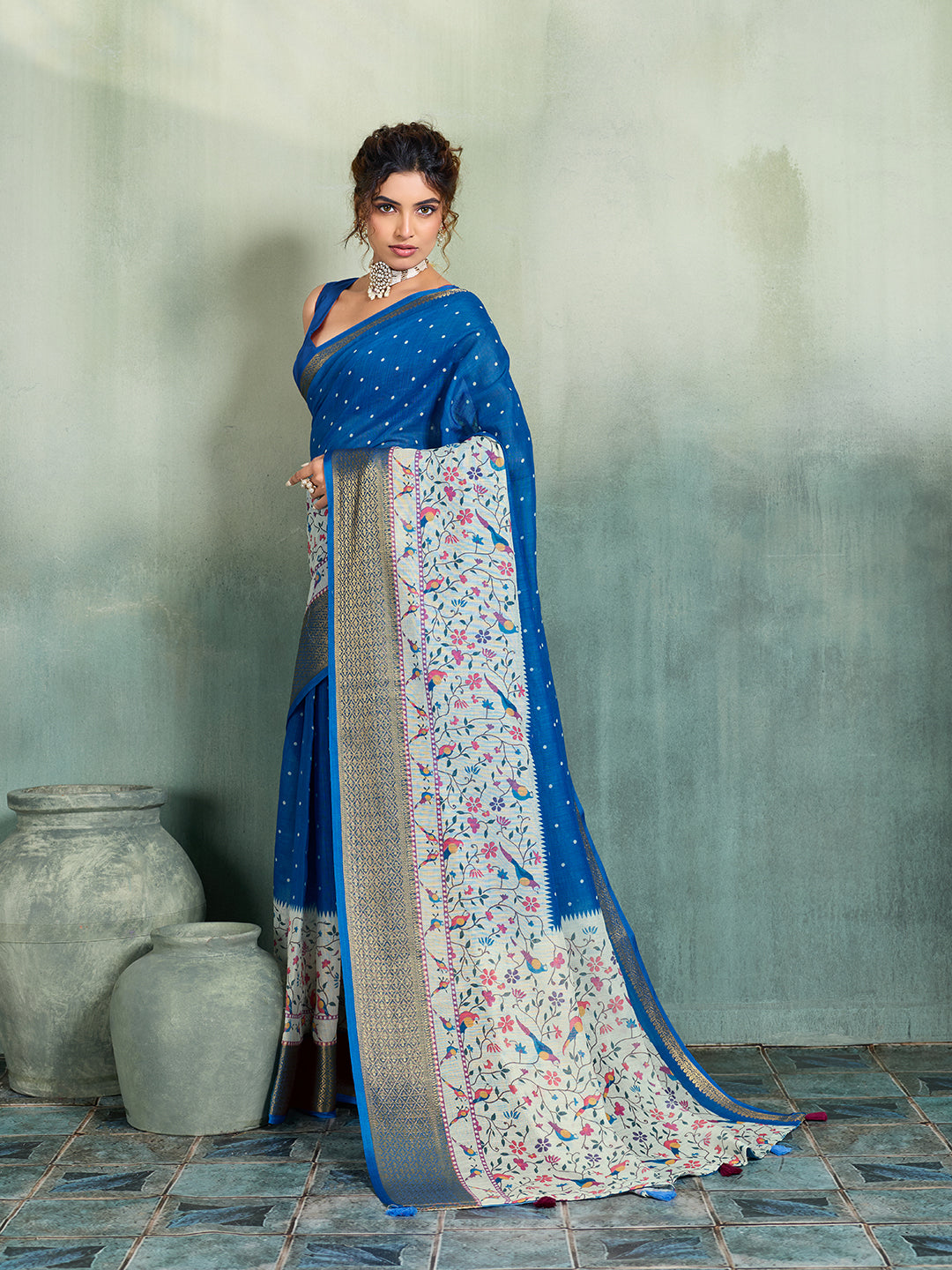 Fabrica Vibe Royal Blue Handwoven Saree with Floral & Bird Motifs