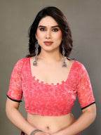 Fabrica Vibe Pink & Black Floral Printed Smooth Chiffon Saree with Unstitched Blouse Piece