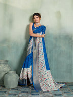 Fabrica Vibe Royal Blue Handwoven Saree with Floral & Bird Motifs