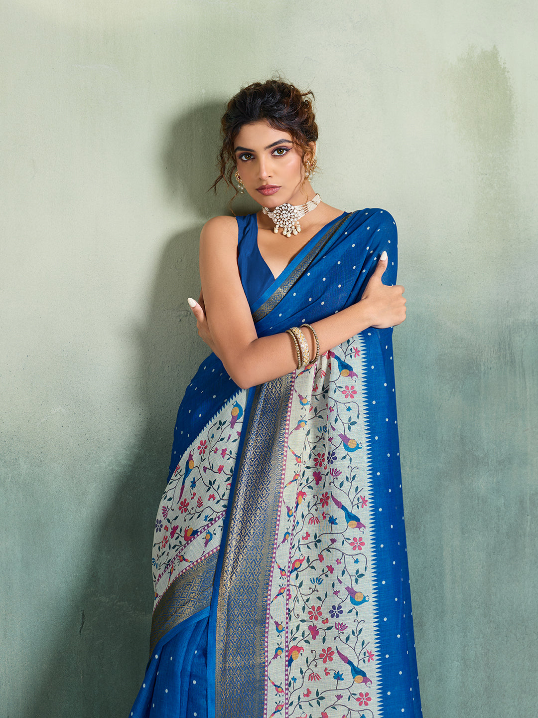 Fabrica Vibe Royal Blue Handwoven Saree with Floral & Bird Motifs
