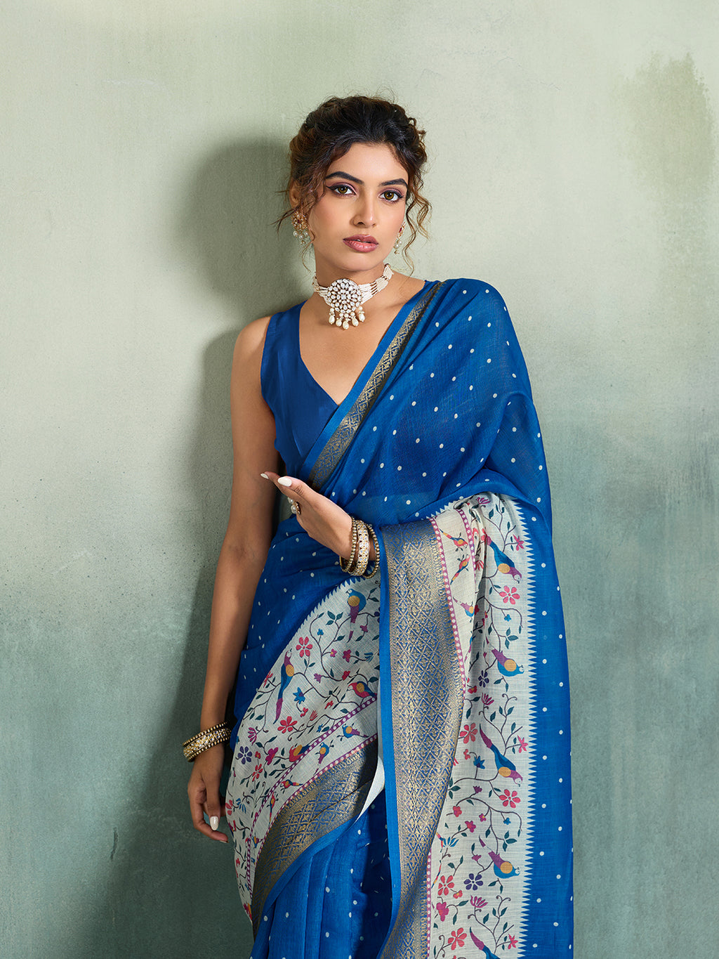Fabrica Vibe Royal Blue Handwoven Saree with Floral & Bird Motifs