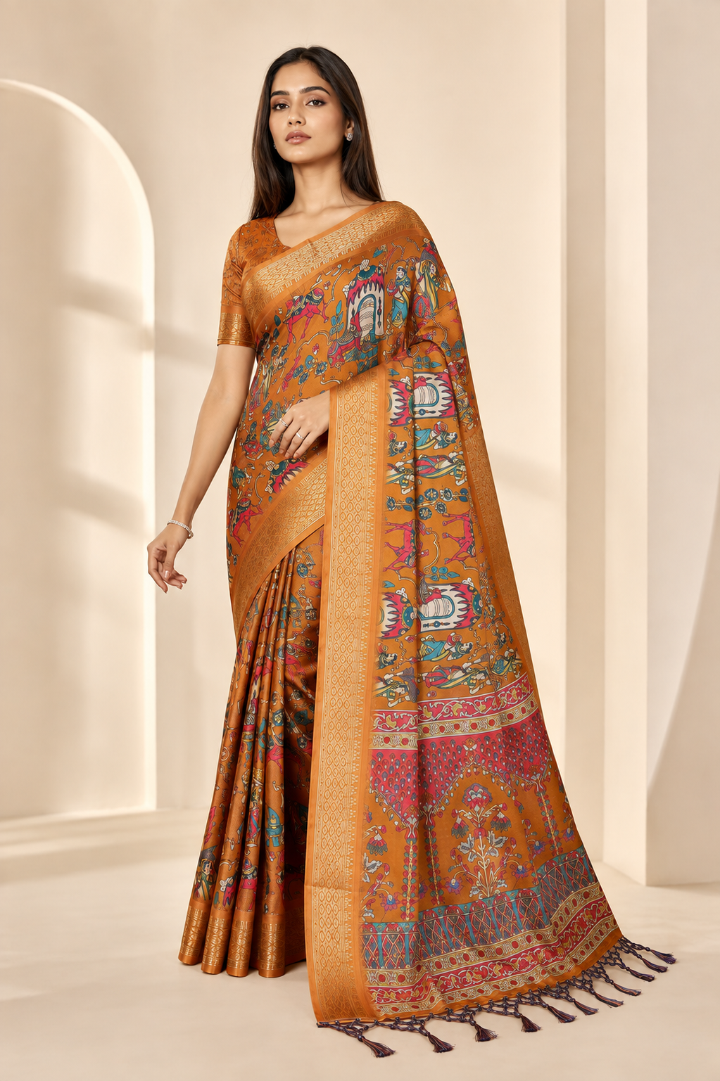 Fabrica Vibe Premium Cotton Silk Kalamkari Print Saree with Zari Woven Border