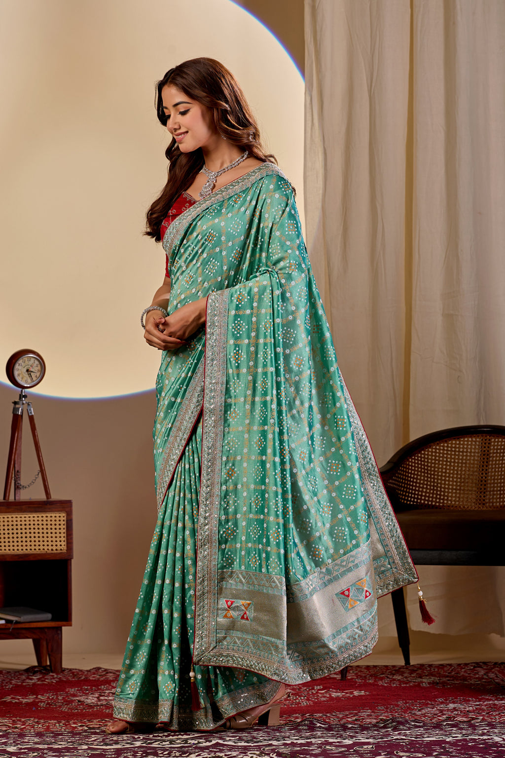 Fabrica Vibe Vichitra Bandhani Sea Green Woven Saree with Zari Embroidery