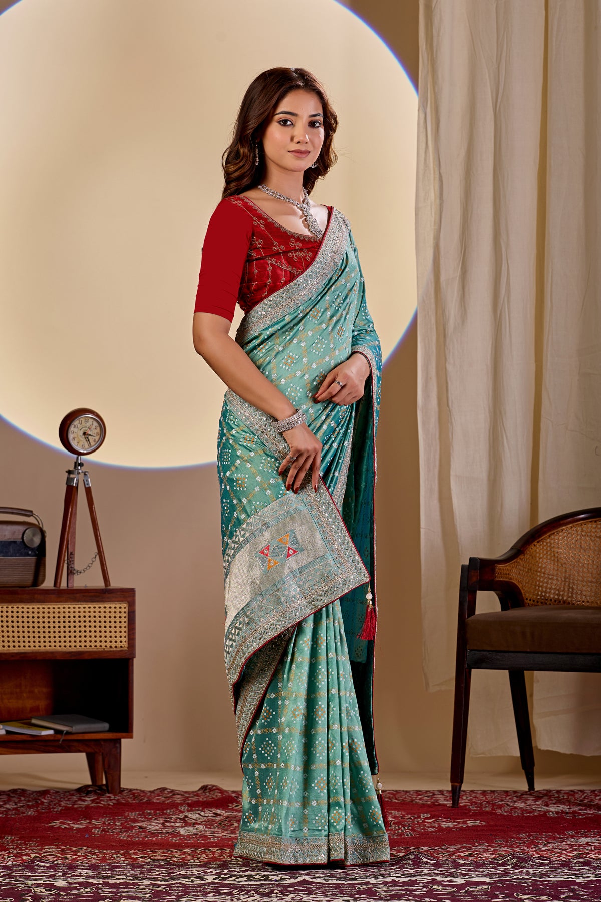Fabrica Vibe Vichitra Bandhani Sea Green Woven Saree with Zari Embroidery