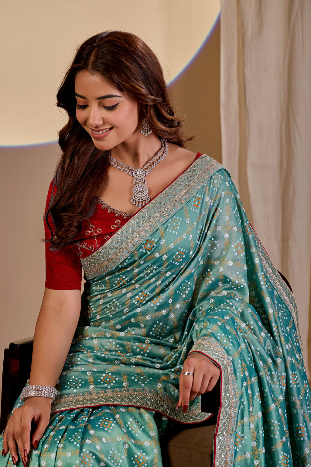 Fabrica Vibe Vichitra Bandhani Sea Green Woven Saree with Zari Embroidery